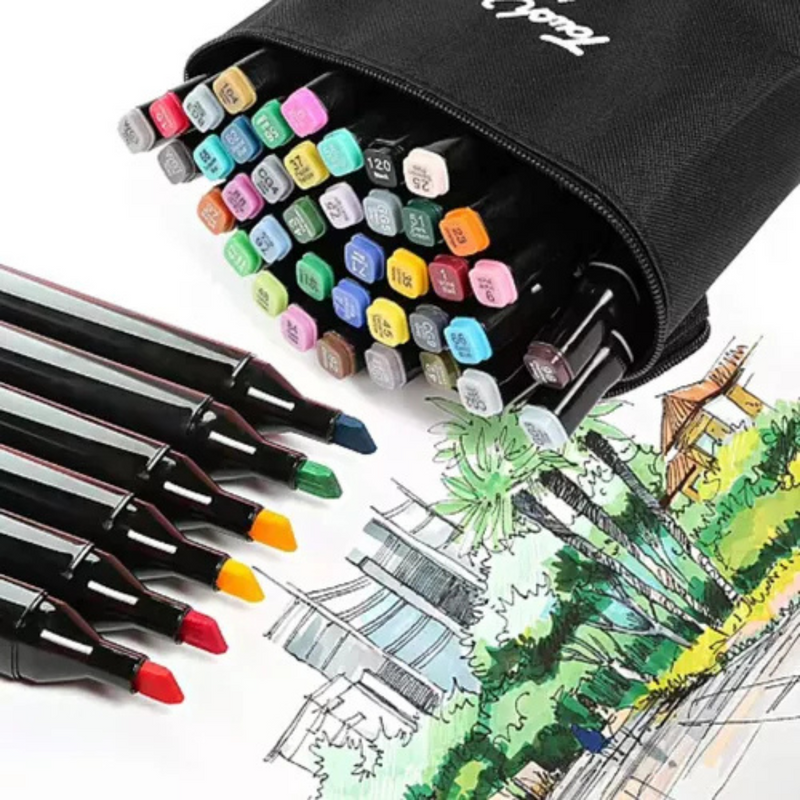 Conjunto de Caneta Colorida Ponta Dupla 80Pçs com Estojo (Versão Pretas ou Brancas)