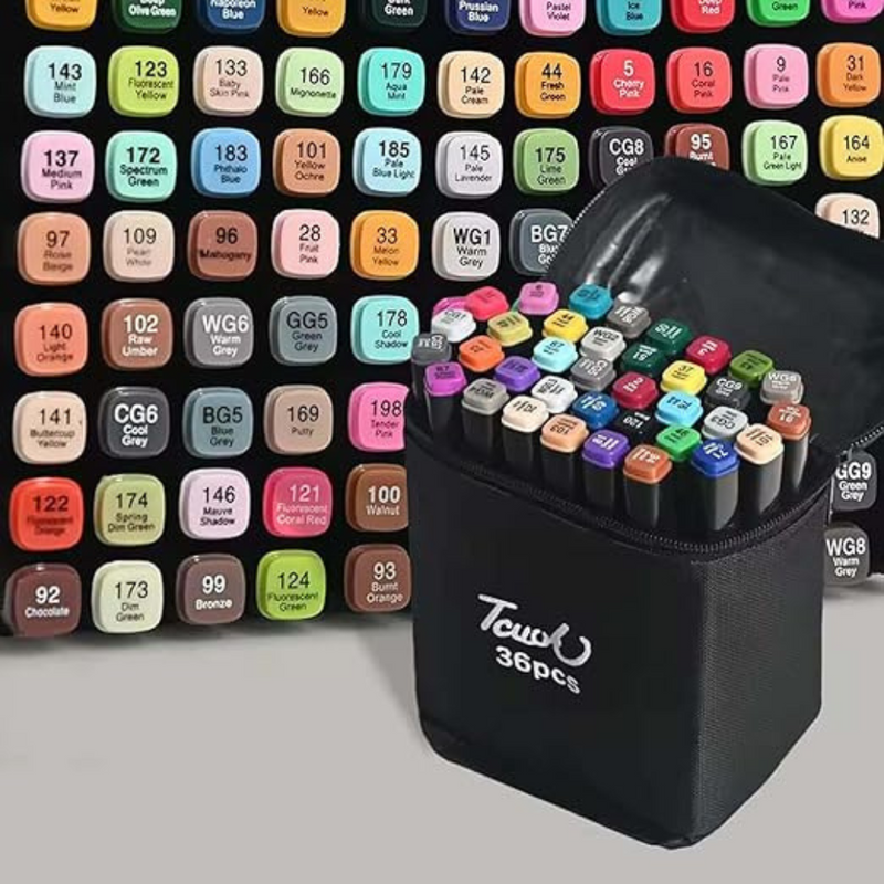 Conjunto de Caneta Colorida Ponta Dupla 36Pçs com Estojo (Versão Pretas ou Brancas)