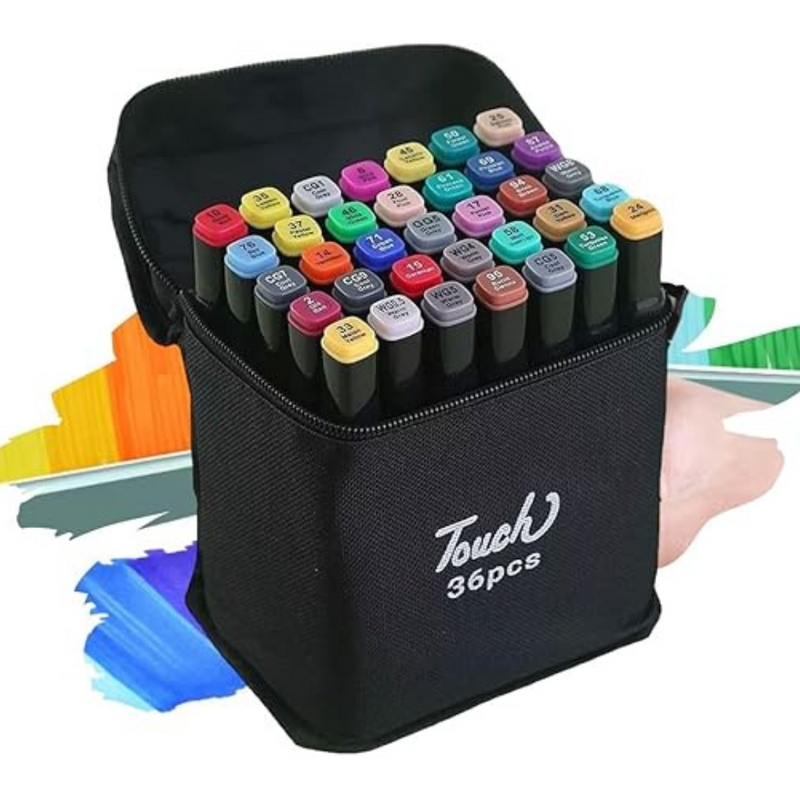 Conjunto de Caneta Colorida Ponta Dupla 36Pçs com Estojo (Versão Pretas ou Brancas)