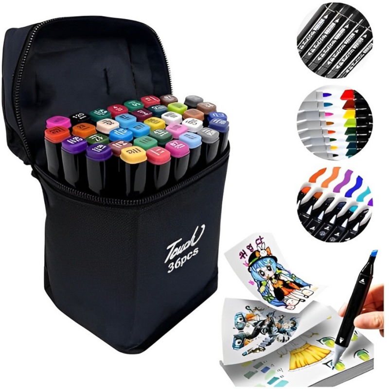 Conjunto de Caneta Colorida Ponta Dupla 36Pçs com Estojo (Versão Pretas ou Brancas)