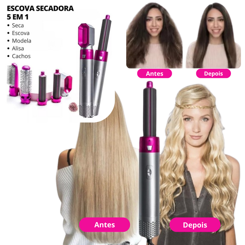 PINK/PRATA - Escova Secador de Cabelo 5 em 1 Multifuncional 110v