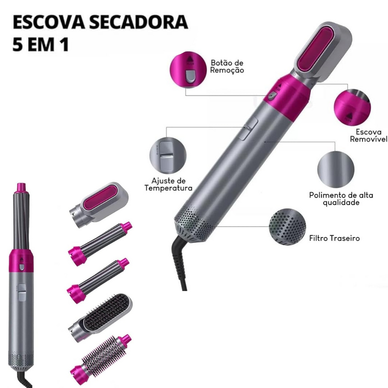 PINK/PRATA - Escova Secador de Cabelo 5 em 1 Multifuncional 110v