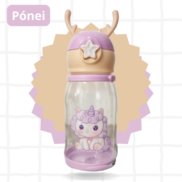 Coelho ou Pónei - Garrafa Infantil Portátil com Desenho Tampa com Canudo e Alça Lateral - (Feminino)