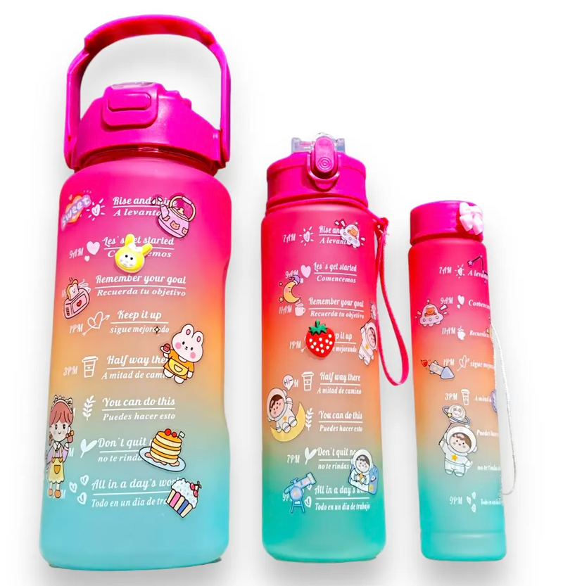 Kit 3 Garrafa para Academia Motivacional Fitness 2L, 900ml e 300ml