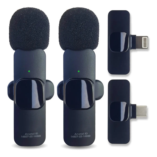 Microfone Sem Fio Duplo Lapela Profissional Tipo-C Android + iPhone Lightning