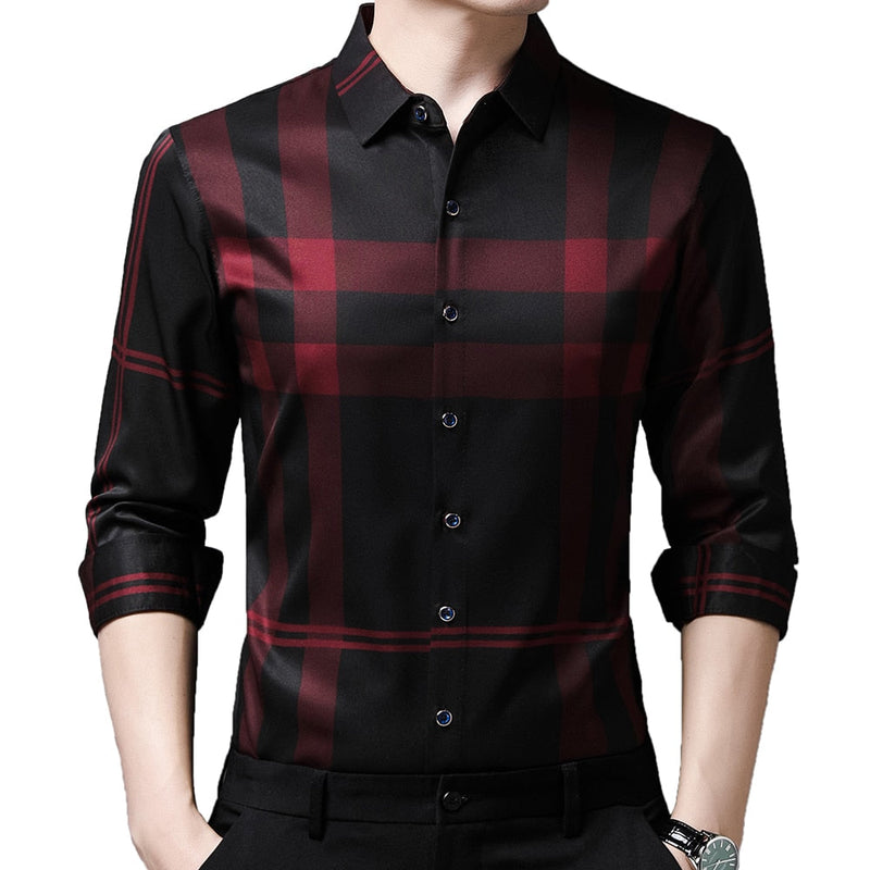 Camisa Masculina de Seda Casual Xadrez