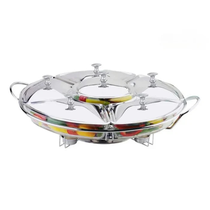 Rechaud Giratório Com 6 Compartimentos Aço Inox e Vidro 52cm