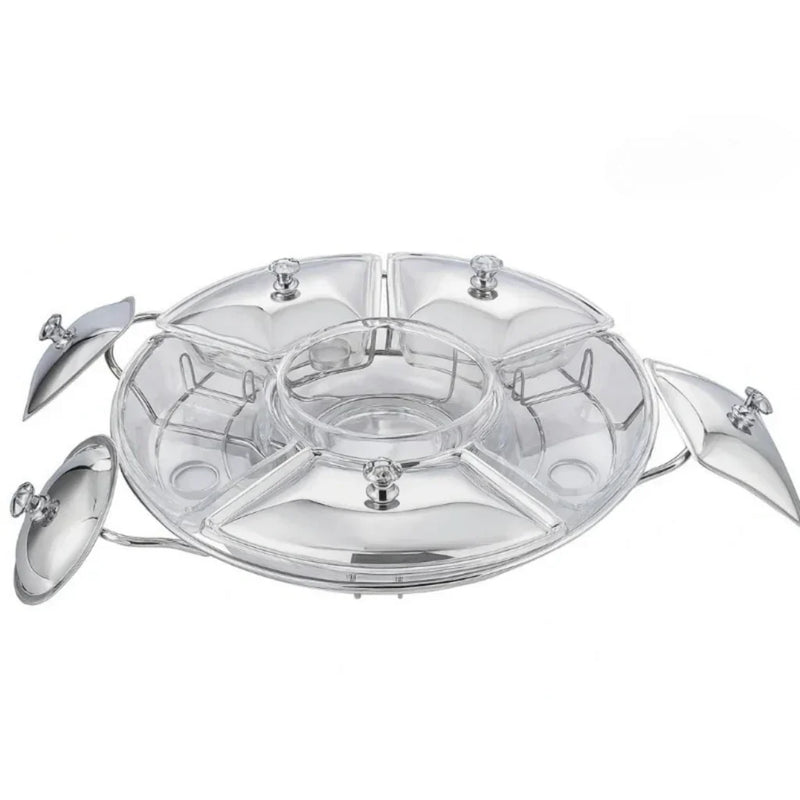 Rechaud Giratório Com 6 Compartimentos Aço Inox e Vidro 52cm